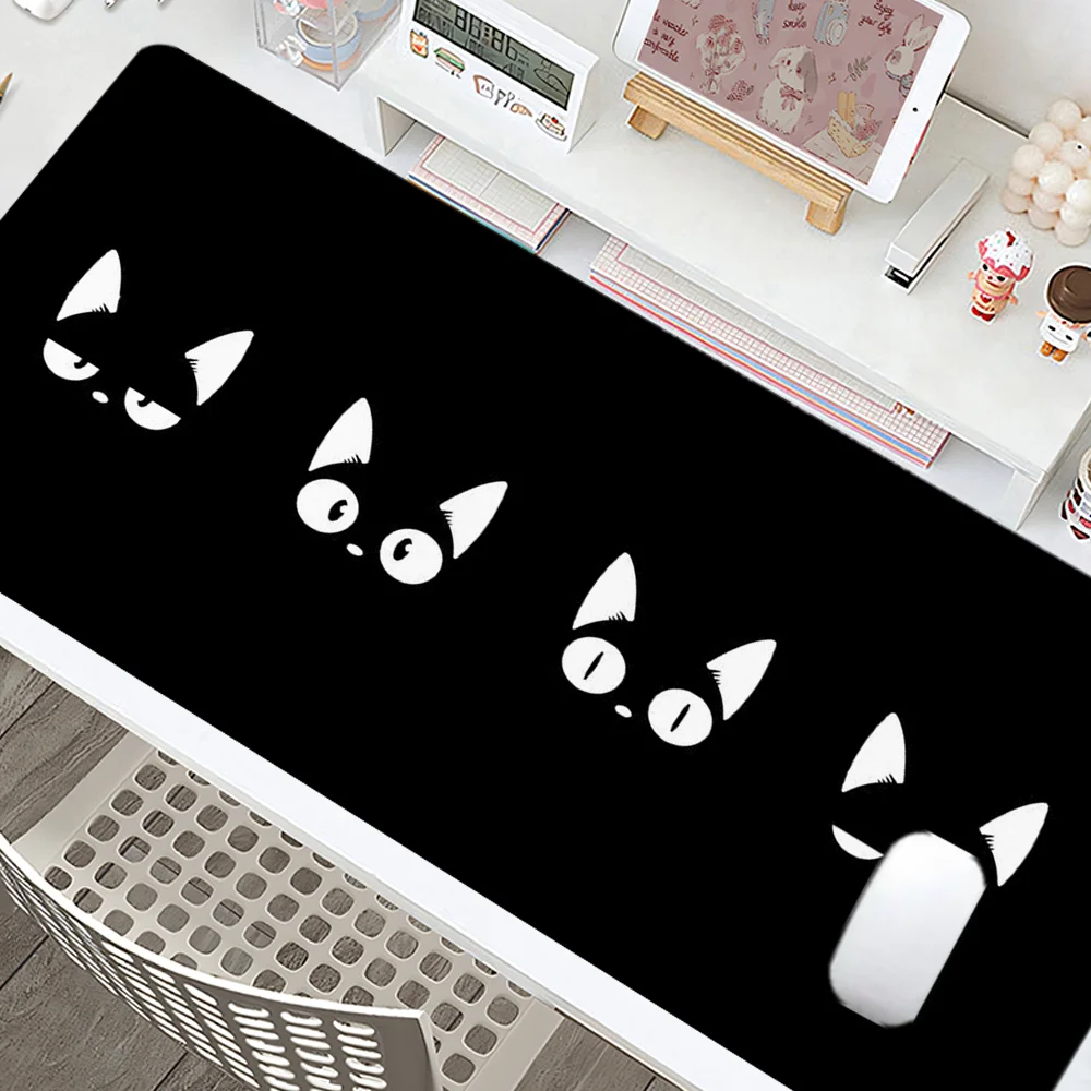 Alfombrilla de ratón de gato negro, accesorios de escritorio grandes, Base de goma con borde cosido, alfombrilla de ratón antideslizante para oficina