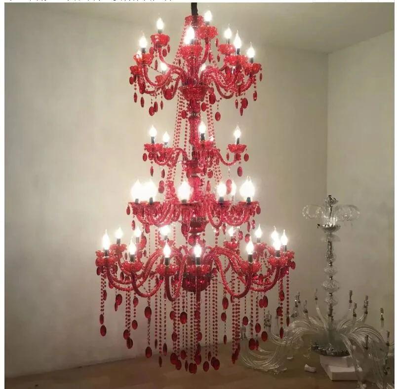 

Morden 5 Layers 42 Arms Large Red Crystal Chandelier Stair Long Crystal Chandelier Lighting Restaurant Hotel Hall Villa Lighting