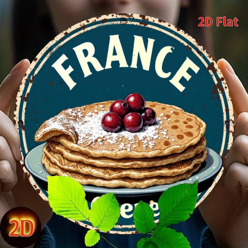 2D Distressed French Pancake Fruit Print 7.87x7.87 Inch Rustic Bakery Cafe Wall Ornament Metal Tin Sign / Iron Plaque