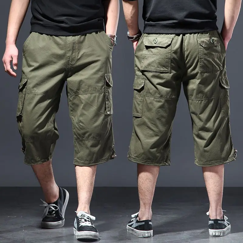 Mens Summer Cotton Cargo Capri Pants Loose Plus Size Casual 7/8 Length Shorts