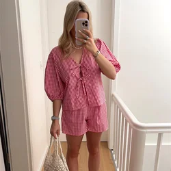 European and American Style Women's Summer New 2024 Fashionable Temperament Round Neck Tie Plaid Knot Top and Shorts Set