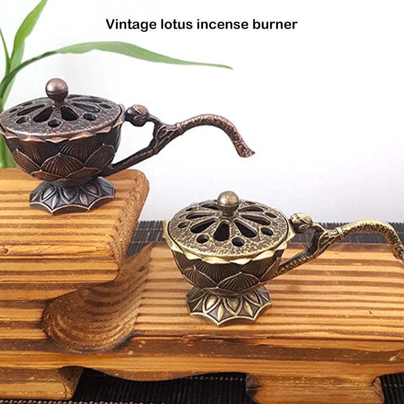Bruciatore di incenso di loto in metallo ciotola porta incenso con manico Yoga meditazione decorazioni per la casa bruciatore di incenso in lega di stile antico