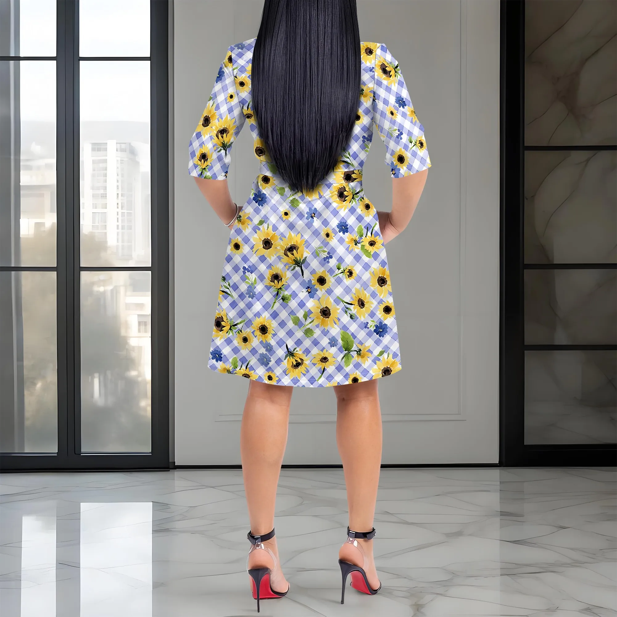 Vestido Nupusa com estampa de girassol para mulheres, tamanho padrão, verão, camisa casual, gola, meia manga