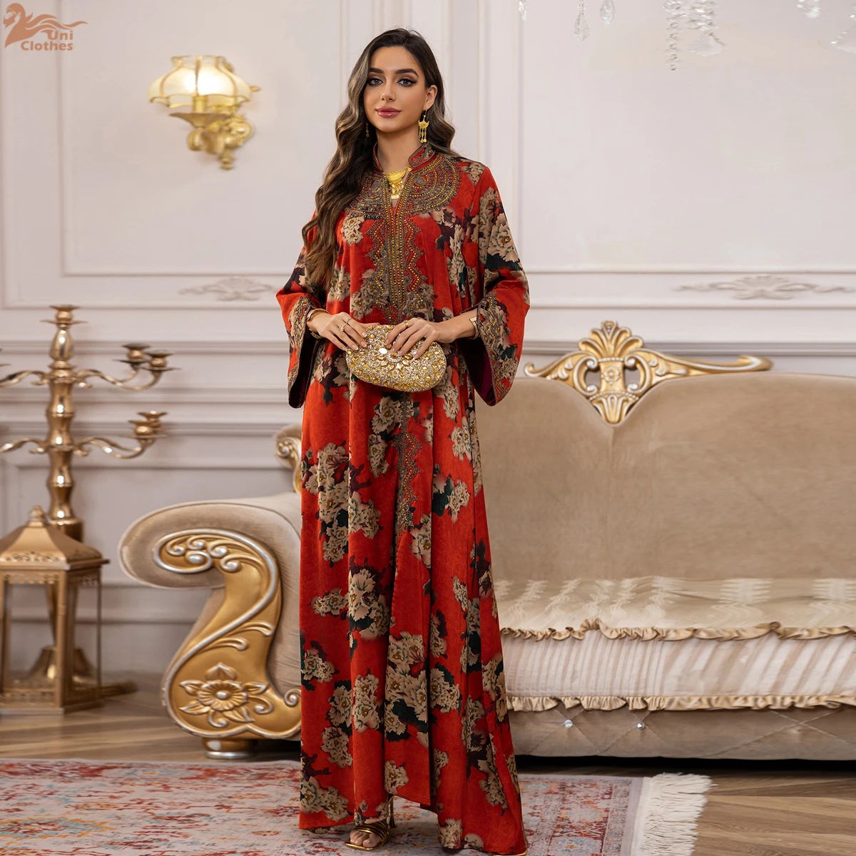 

Uni New Luxury Women Embroidery Abayas Muslim Fashion Beaded Dress Dubai Jacquard Kaftan 2025