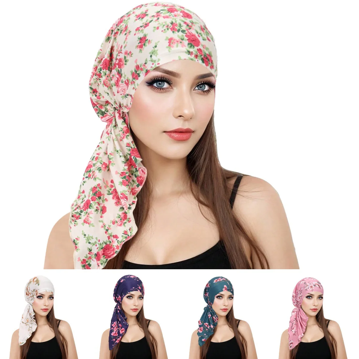 

New Printed Women Muslim Turban Hijabs Long Tail Headscarf Strechy Bandana Cancer Chemo Hat Beanie Scarf