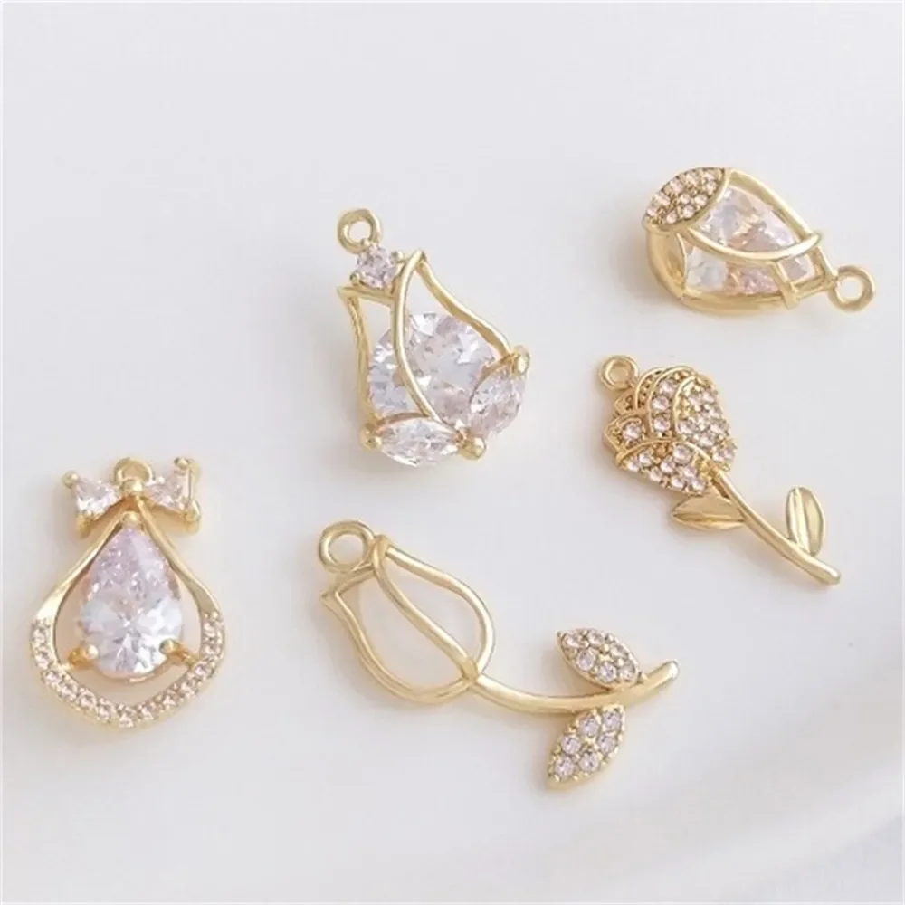 

Micro Inlaid Zircon 14K Gold Wrapped Tulip Rose Pendant with Flower Bud Pendant DIY Hand Necklace Earring Charms Pendant K416