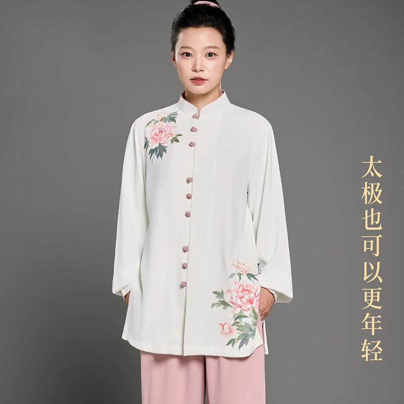 Women's New High-end Pink Chinese Style Original Print Tai Chi Uniform - Pearl Silk for Tai Chi & Ba Duan Jin Practice