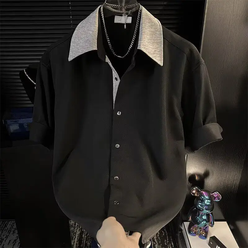 

Casual Short Sleeve Shirt Men's Summer Trend Korean Version High-End Simple Color Collision Youth Leisure Match Half Sleeve S...