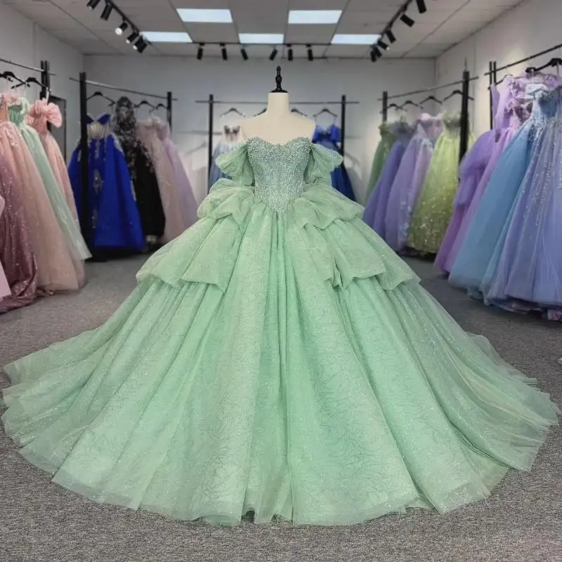 

Customized Sparkly Mint Green Ball Gown Quinceanera Dresses Sequin Appliques Beading Brithday Party Vestidos De Magnificent