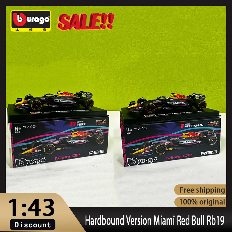 Bburago Red Bull Rb19 versión de Miami F1, caja de acrílico de carreras de coches, juguetes de modelos fundidos a presión, regalo para niños, Nueva Versión en Stock, 1:43