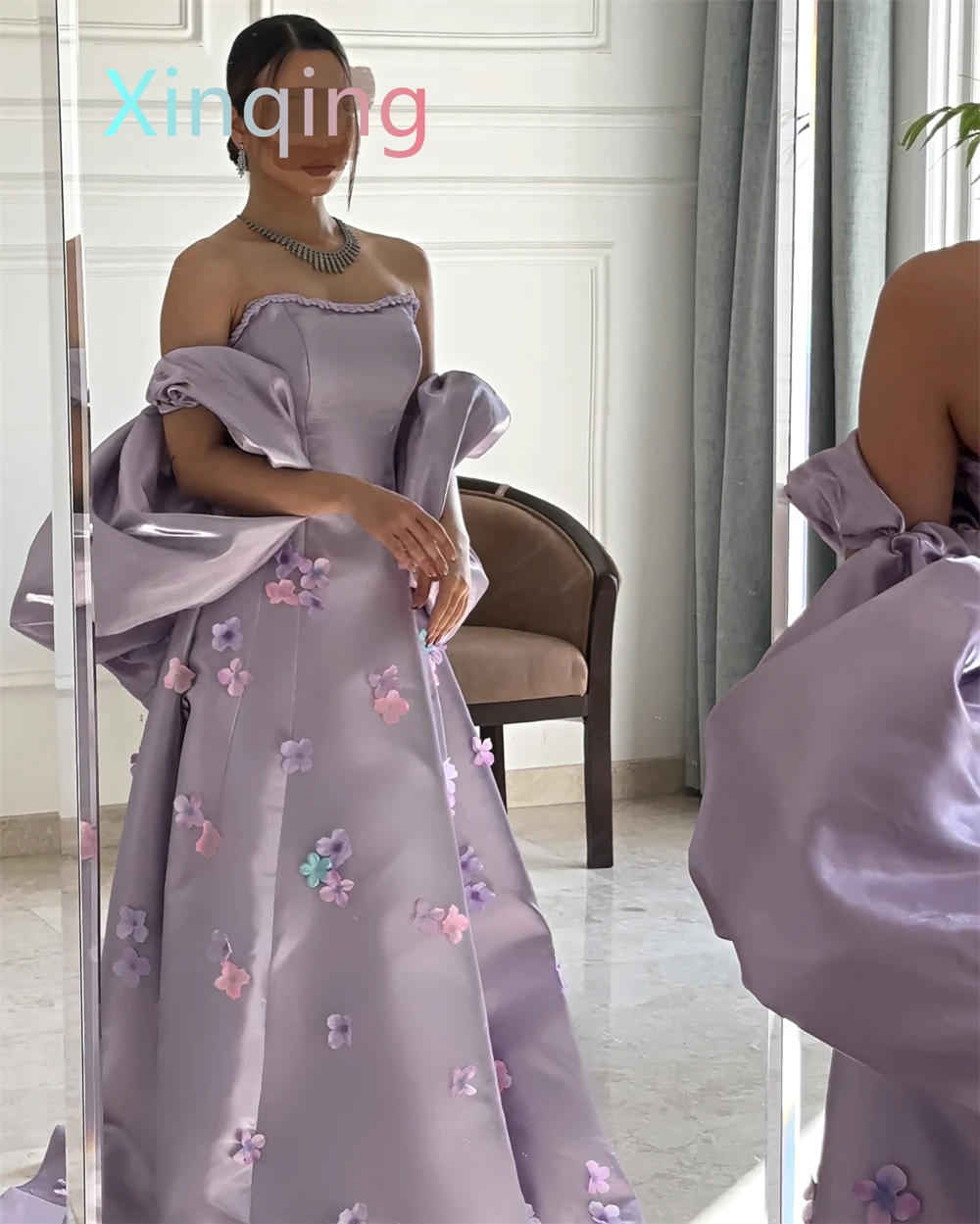 Customized  Exquisite Light Purple Satin Evening DressTemperament Strapless Sleeveless Prom Dress High Quality Celebrit image 2