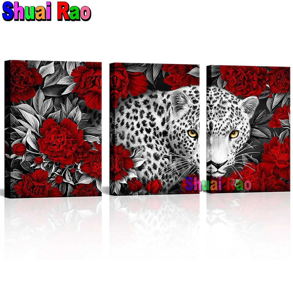 3 Pcs diamond Painting Wildlife Animal Leopard with red Rose Home Decoration 5d full diamond Embroidery mosaic Post Diamond