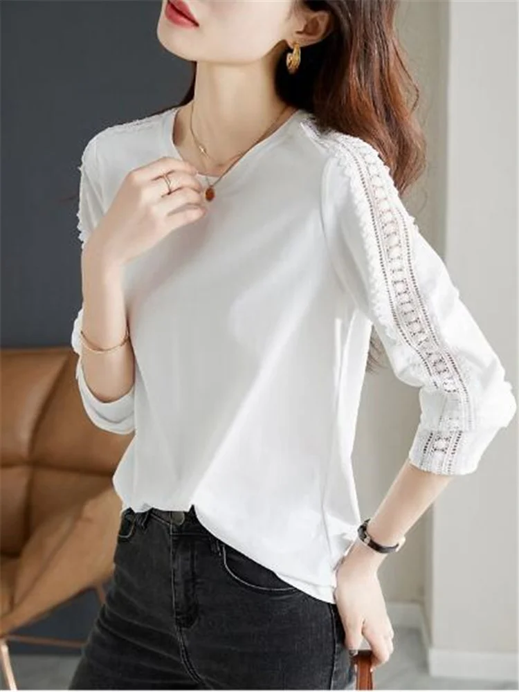 Cotton T-shirt Lace Top For Women Spliced Hollow Out Female Tshirts Simplicity White Blous Oneck Long Sleeve OL Lady Tees Tops