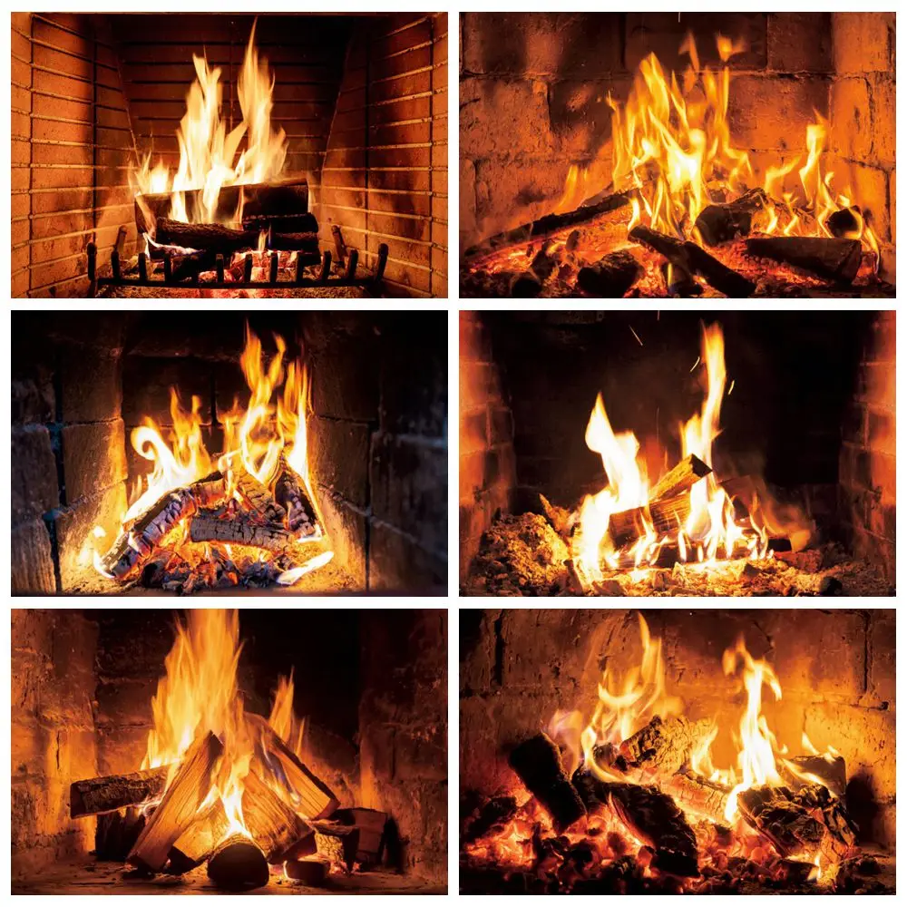 

Fireplace Burning Fire Backdrop Firewood Flame Winter Christmas Family Decor Photography Background Photo Studio Photoshoot Prop