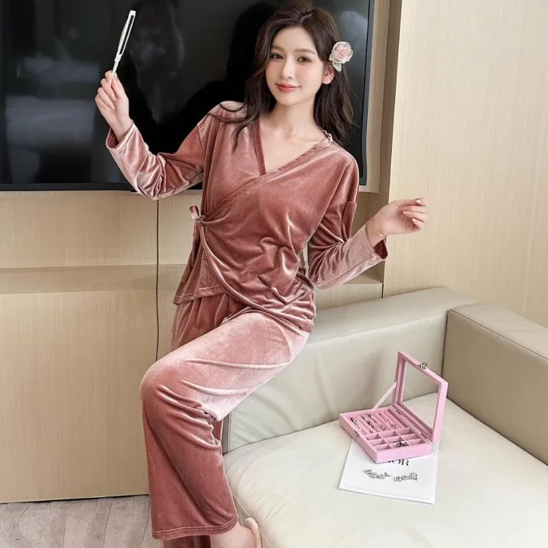 Pleuche-Ensemble de pyjama bandage décontracté pour femme, vêtements de nuit doux et confortables pour la maison, vêtements de nuit sexy, mode Ulzzang, élégant, tout assressenti, doux, automne