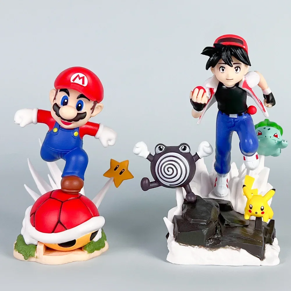 Running Small Square Super Mario Mario Pokémon Ash Ketchum PVC Action Figurine Desk Collectible Anime Model Toys Figures Gift