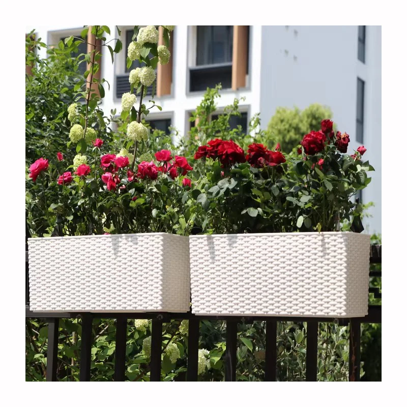 

Country High Quality Rattan Plastic Flower Pot Rectangular Hanging Plant Basket Planter With Self-Watering System for Railing