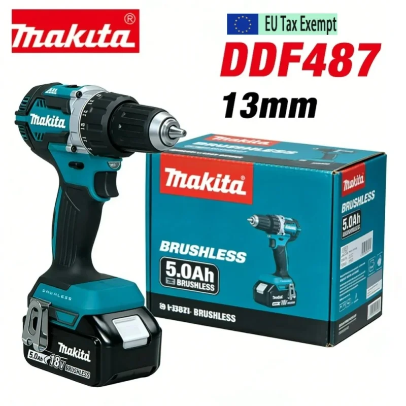 Wiertarko-wkrętarka udarowa Makita DDF487 13mm, bezszczotkowa, do użytku domowego, 18V, litowo-jonowa, z wysokim momentem obrotowym, wraz z akumulatorem Makita 6.0AH BL1860 BL1850 BL1840 18V. — 2