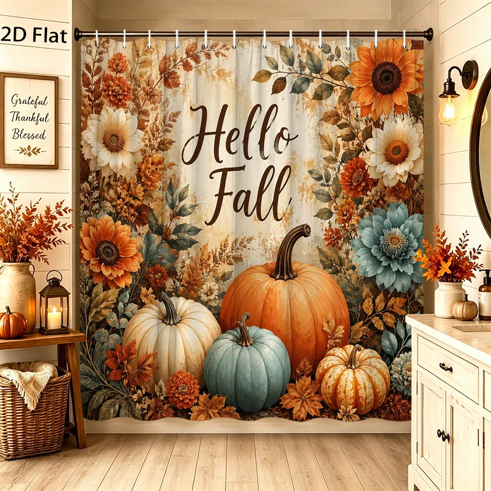 1 piece Country farmhouse style shower curtain for bathroom decor - Vintage autumn pumpkin sunflower dahlia floral shower curtain with hooks, machine washable bathtub divider, includes hooks, suitable for bathtub/shower door (70.8x 70.8inch )
