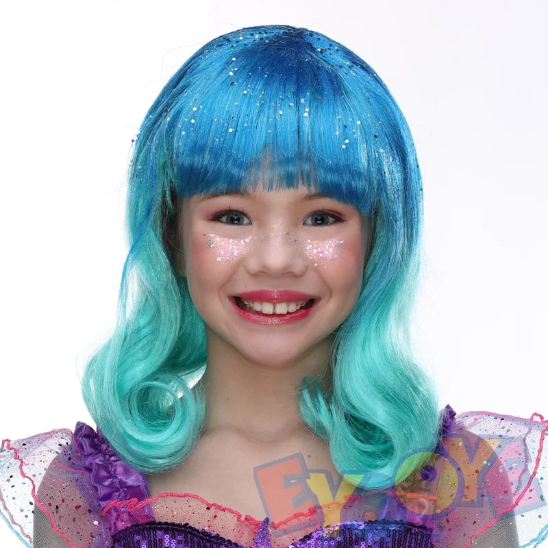 Child Little Mermaid Princess Purple Wig Blue Mermaid Glitter Costume Wig For Girls