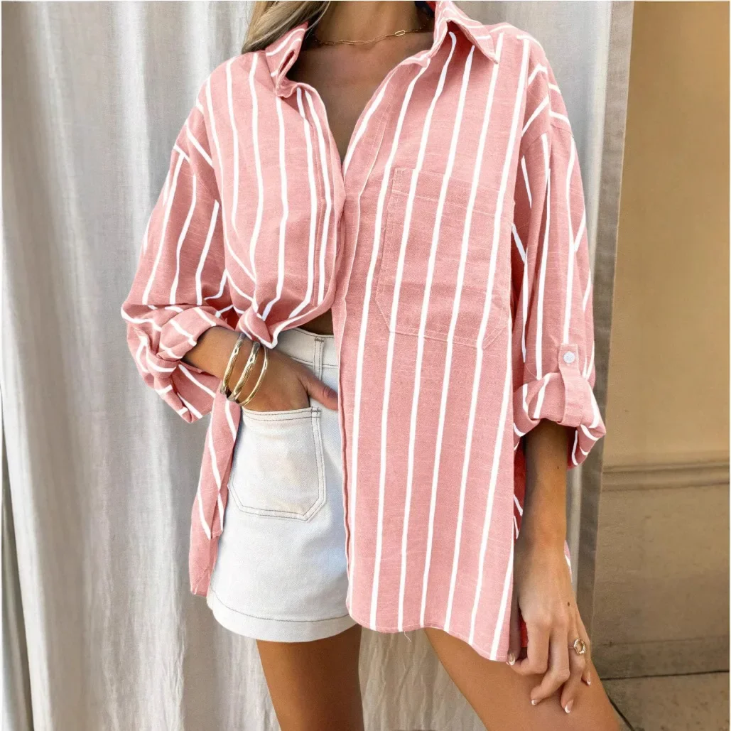 

2025 summer European beautiful women's loose casual fashion striped long-sleeved shirt women