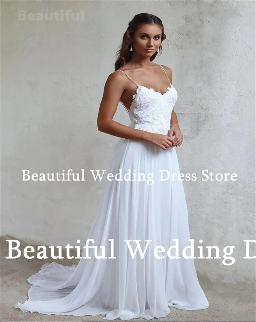 Sexy V-Neck Wedding Dress Spaghetti Straps Lace Appliques A-Line Chiffon Floor-Length Bridal Gown Women New Vestidos de novia