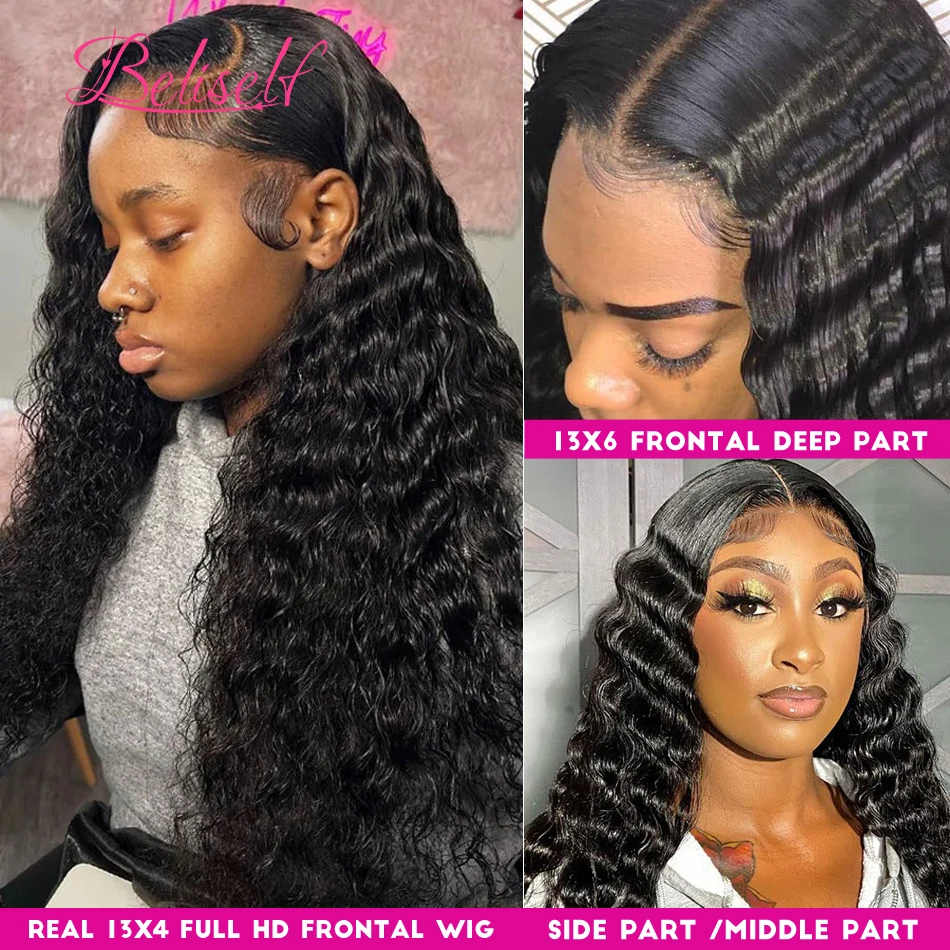 Beliself 300 Density Loose Deep Wave Lace Frontal Wig Pre Plucked 13X4 HD Lace Frontal Wigs Human Hair 5x5 HD Lace Closure Wig