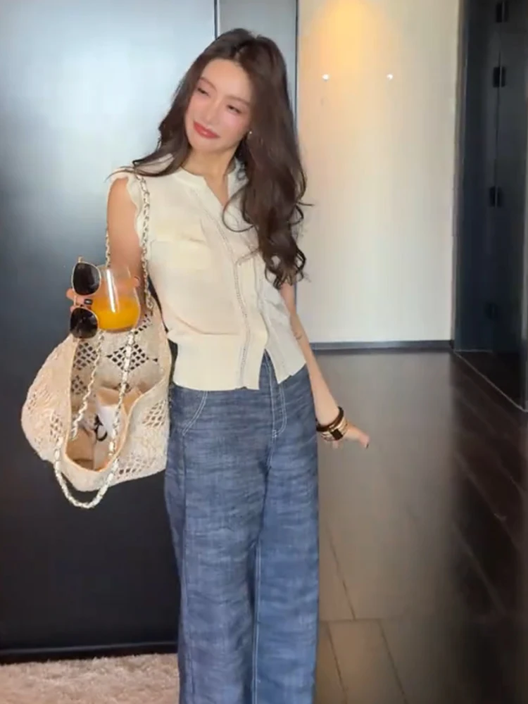 เสื้อกั๊กถักลายฉลุแฟชั่นสำหรับผู้หญิง สไตล์เกาหลี ทรงตรง ติดกระดุม เหมาะสำหรับใส่ไปทำงานช่วงฤดูร้อน