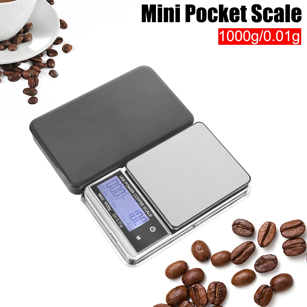 Mini Pocket Scale Electronic Scale High Precision Cyclic Rechargeable Digital Kitchen Coffee Scale 1000g/0.01g Auto Timer