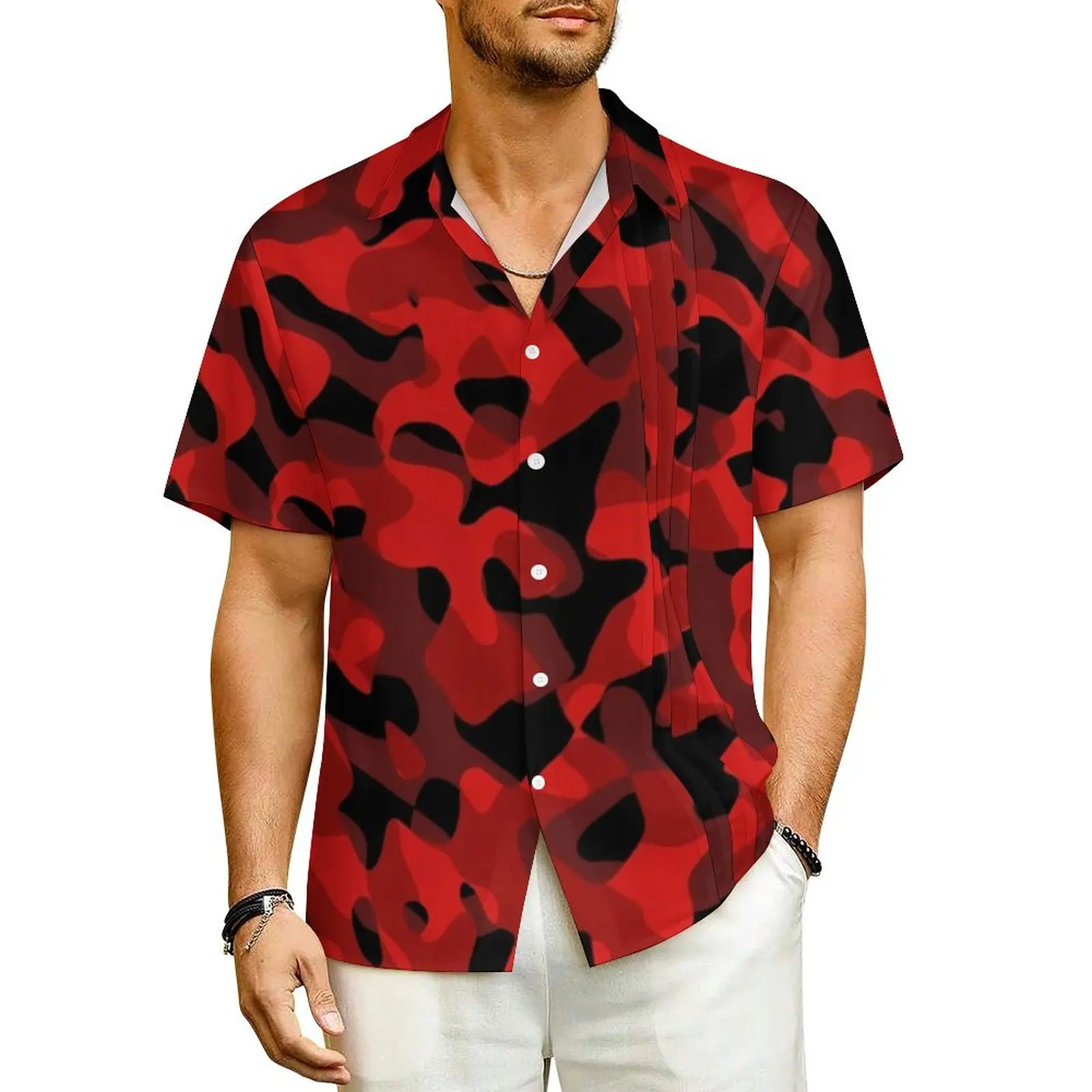 

Red And Black Camouflage Casual Shirt Colorful Camo Classic Summer Shirts Male Short Sleeves Vacation Graphic Oversized Blouses