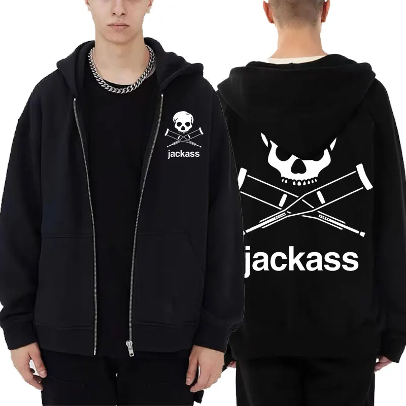 Jackass Logo Gambar Grafis Hoodie Ritsleting Hitam Mantel Kaus Vintage Klasik Pria Wanita Hoodie Kardigan Longgar Kasual Ukuran Besar