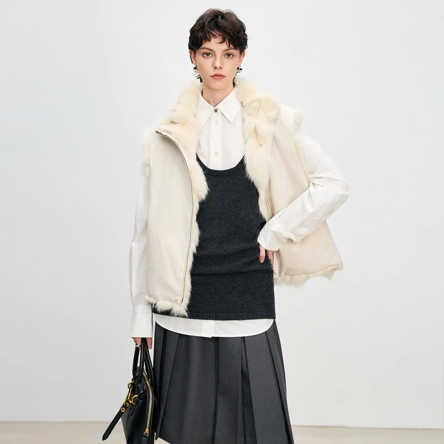 

New Women's Double-Sided Wearable Light Leather Fox Fur Vest Warm Autumn Style Short Sleeve Stand Collar Casual Fashion