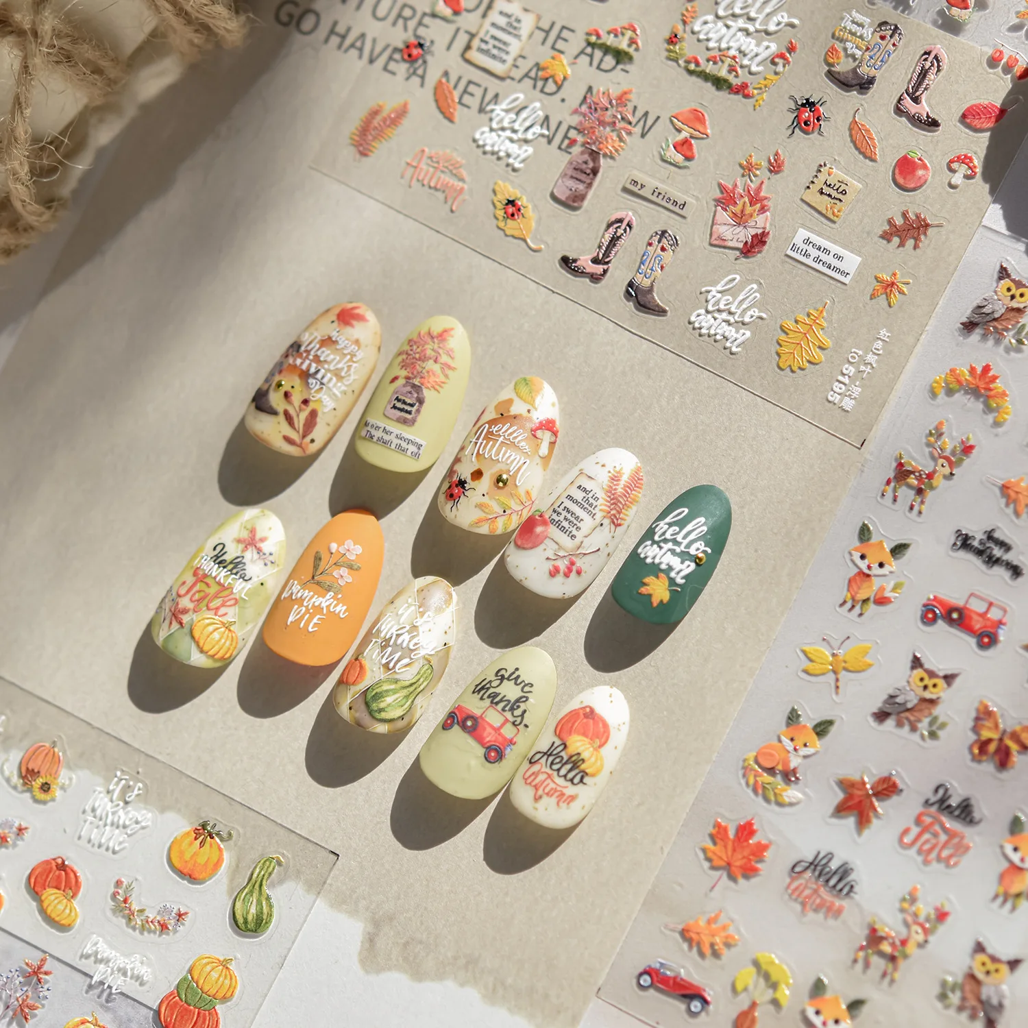 Fruit Pumpkin Dragonfly Fox Mushroom Apple Pinecone Ginkgo Leaf Car Maple Leaves Car Butterfly Nail Art Stickers Manicure Decals