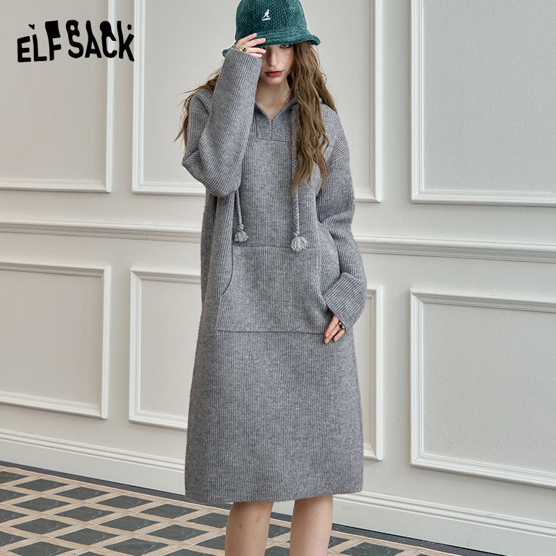 

ELFSACK 2024 Winter New Arrivals Hooded knitted long sleeve casual dress for women