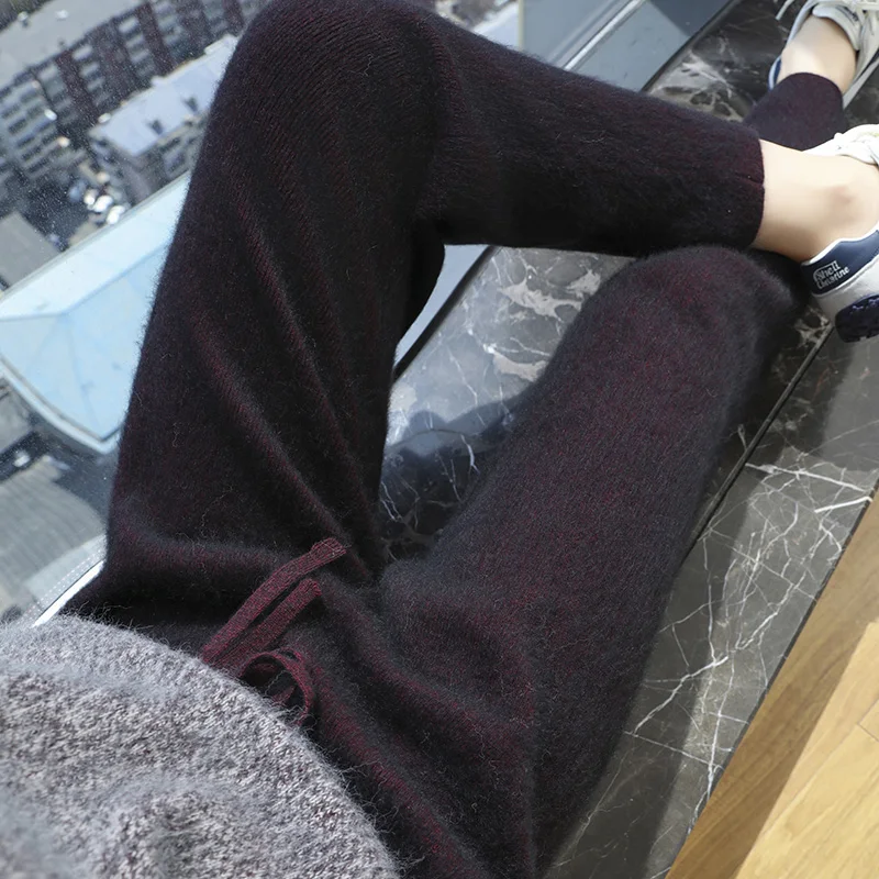 أنيقة الخريف والشتاء 100% الكشمير السراويل عالية الخصر أسلوب بسيط الكشمير تريكو مكتب سيدة مرونة الخصر بنطلون #6