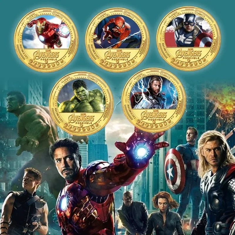 Disney Marvel Series Coin Anime Figure American Avengers Spider-Man Iron Commemorative Collection Badge Gold Coin for Kids Gift