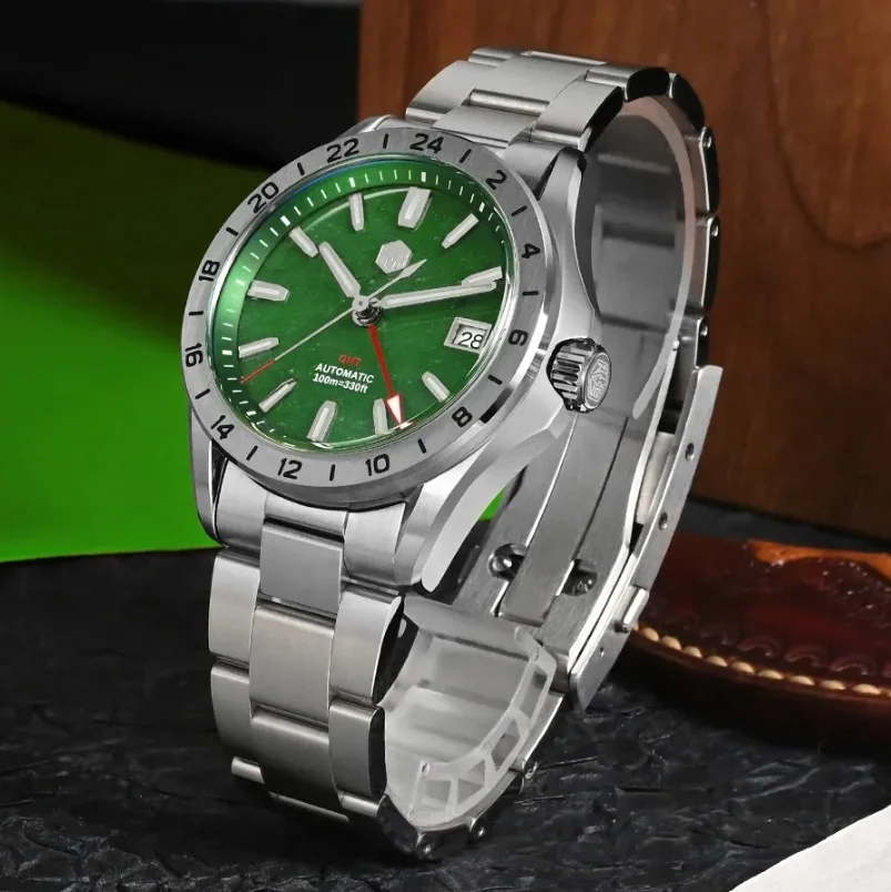 San Martin Men Automatic Watch 39mm GMT Mechanical Wristwatch Dive 100m Luminous Sapphire Mirror NH34 Red Agate Green Jade Stone