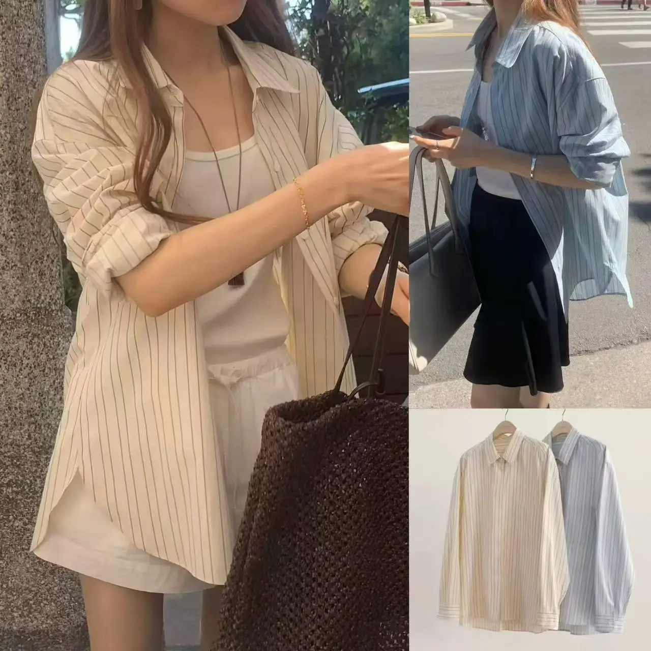 

Loose Women's Long Sleeve Shirt Korean Style Slimming Striped Casual Fashion Cover up Versatile Comfortable Lazy Style Top