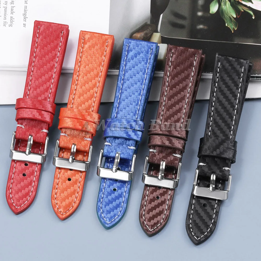 Carbon Fiber Texture Leather Strap for Seiko Cowhide Leather Watchband Soft Men Watch Accessories Wrist Belt 18mm 20mm 22mm 24mm