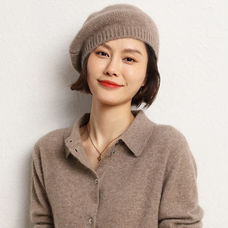 High-grade Winter Beret Hat For Women Flat Knitted 100% Goat Cashmere Hat Autumn Lady New Cashmere Cap Women Caps Women Berets