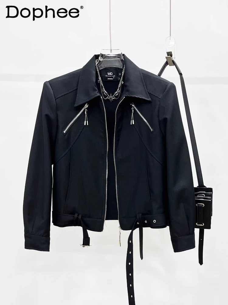 

2025 Men's Autumn New Fashion Double Zipper Design Belt Jacket Men's Loose Lapel Stylish Motorcycle Jacket Shoulder Pads Coats