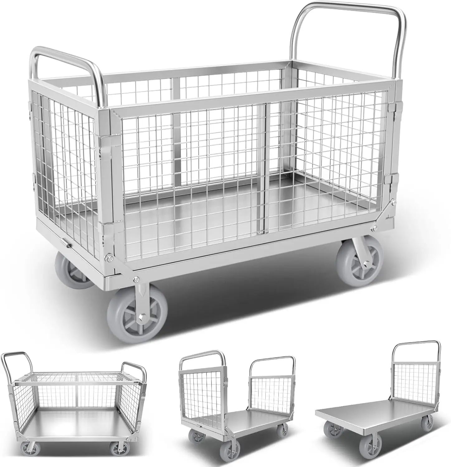 

Platform Truck Cart with Cage 4in1 Foldable Platform Truck Heavy Duty Push Cart Dolly W/Swivel Wheels 1800lbs Capacity Flatbed