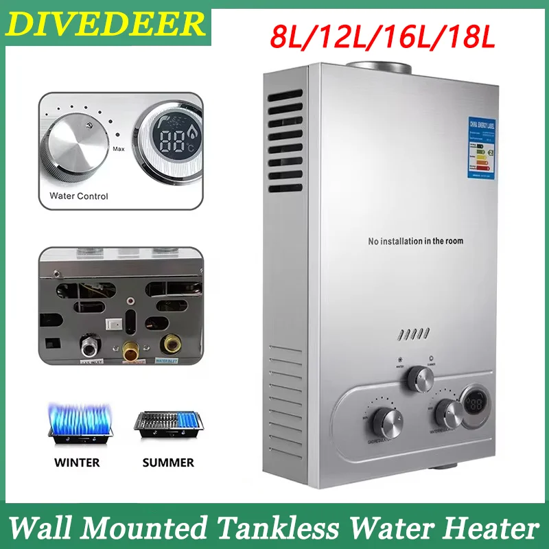 DIVEDEER Portable Vertical Water Heater 8L/12L/16L/18L Propane Gas LPG Wall Mounted Tankless Water Heater Digital Display