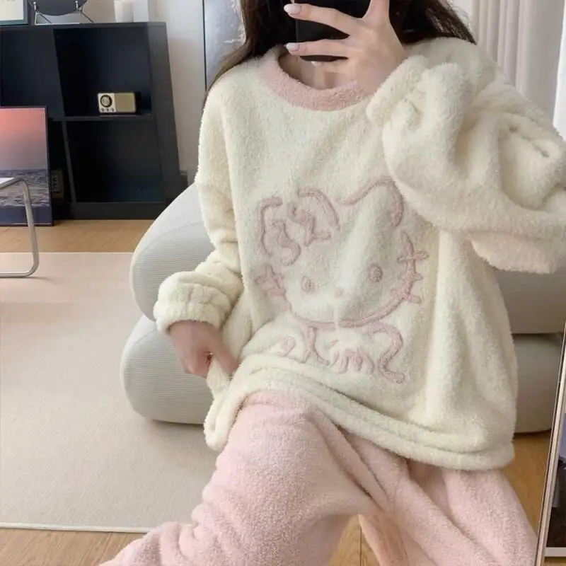

Женский пижамный комплект Sanrio Hello Kitty, одежда для сна, фланелевая одежда из кораллового флиса, осенне-зимний утепленный пуловер, домашняя одежда