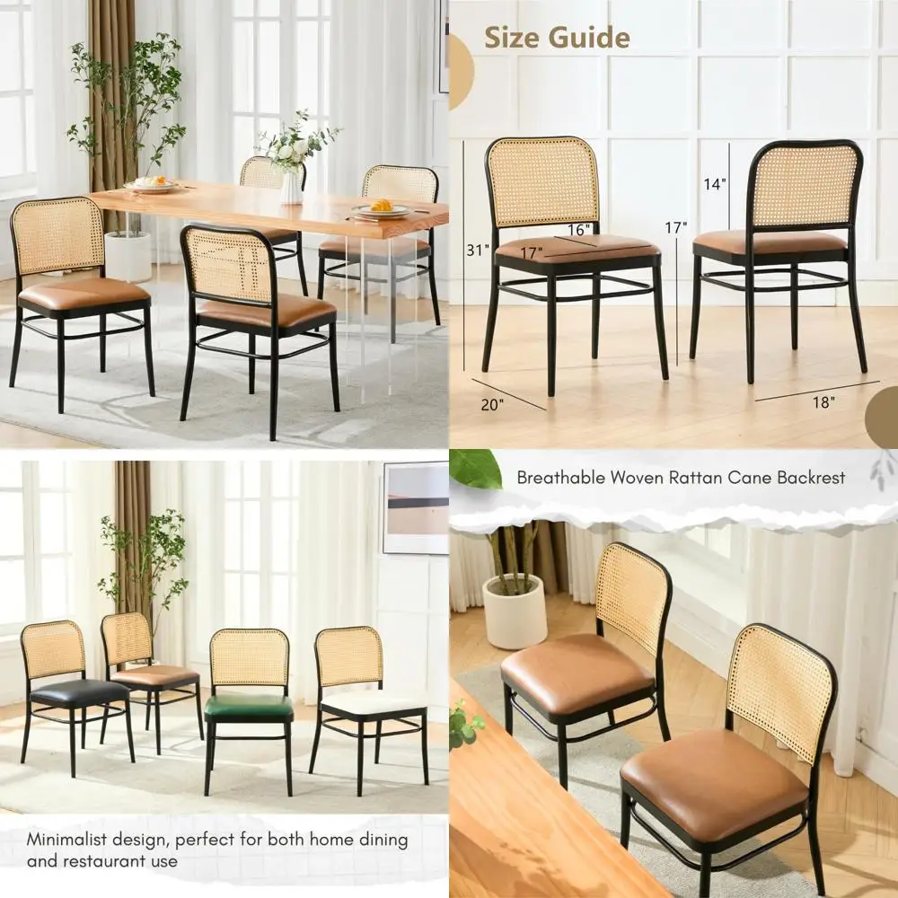 مجموعة كراسي تناول الطعام المصنوعة من الجلد الصناعي المنجد الحديث لمنتصف القرن مكونة من 4 قطع، تصميم خلفي قصب للمطبخ وغرفة الطعام