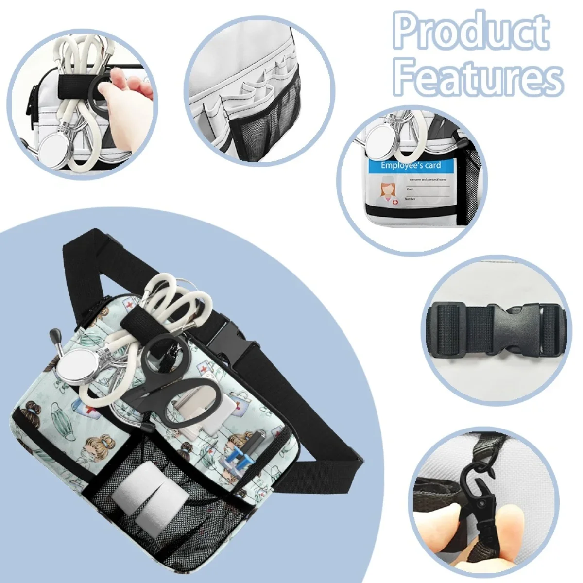 Bonito Enfermeira de Saúde Impressão Multi Pocket Belt Bag para Mulheres, Popular Pacote Médico, Versátil, Drop Shipping