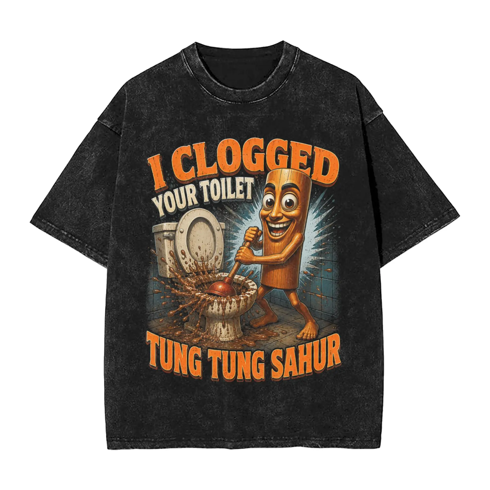 I Clogged Your Toilet Funny Tung Tung Sahur Bathroom Humor Men's T Shirt Washed Vintage Tee Shirt Short Sleeve O Neck T-Shirts