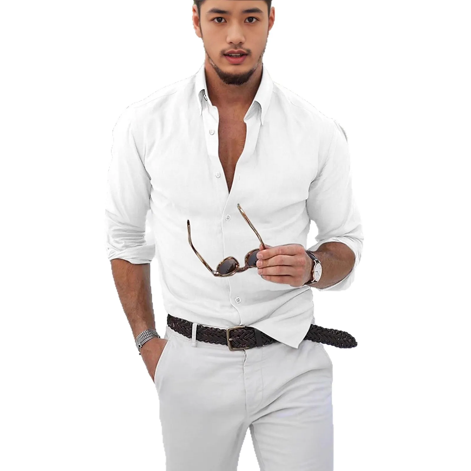 Elegant Men's Cotton Linen Long Sleeve Fashion Casual Shirt Lapel Loose Soft Comfortable Breathable Solid Color Cardigan