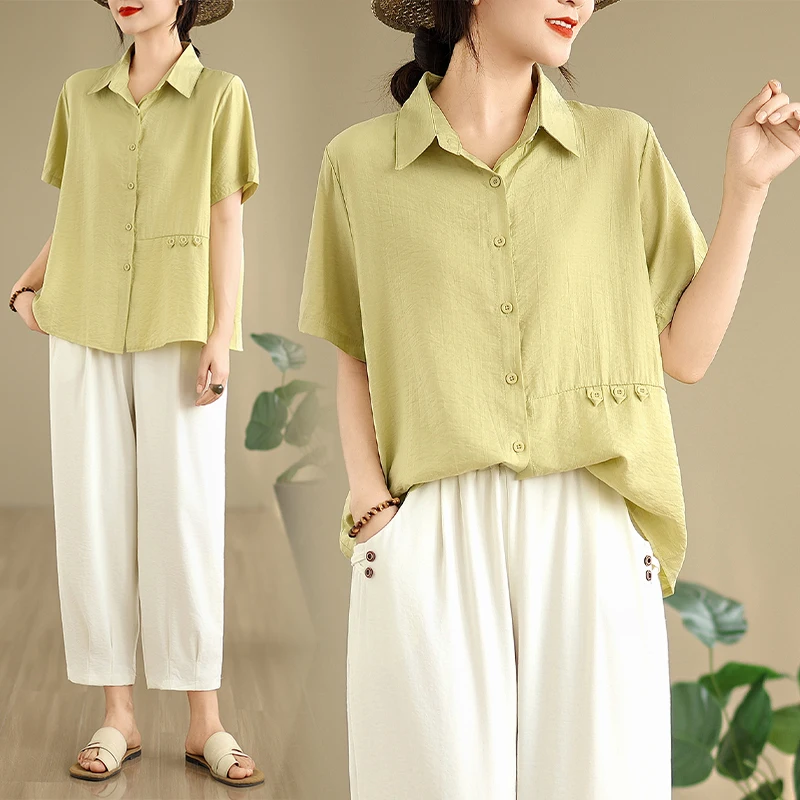 

Slimming Color Button up ort Sve irt Set Korean Sle Summer Faion Casual Loose Cotton Blend Eighteen Pants