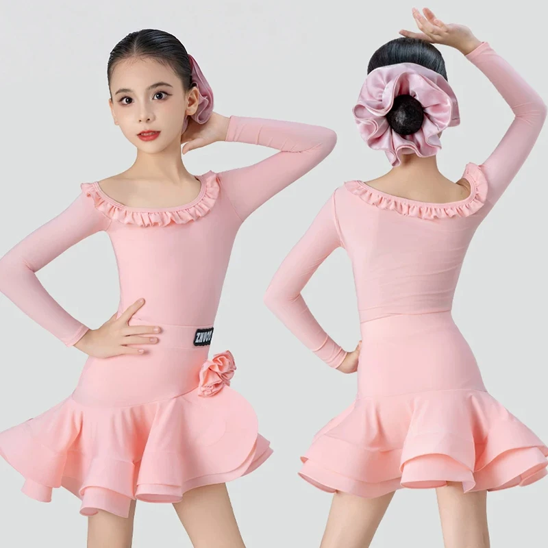 Pink Latin Dance Clothes Girl Performance Show Clothing Long Sleeve Bodysuit Ruffle Skirt Set Kid Rumba Dance Practice Wear 6198